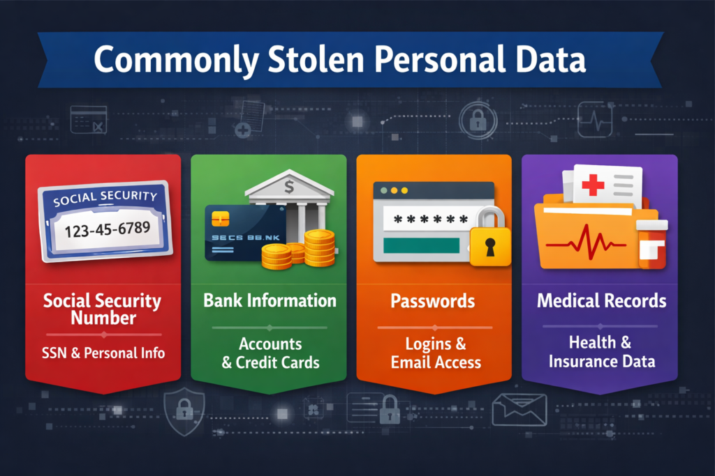 Best Identity Theft Protection Services for 2026: infographic showing types of personal data commonly stolen