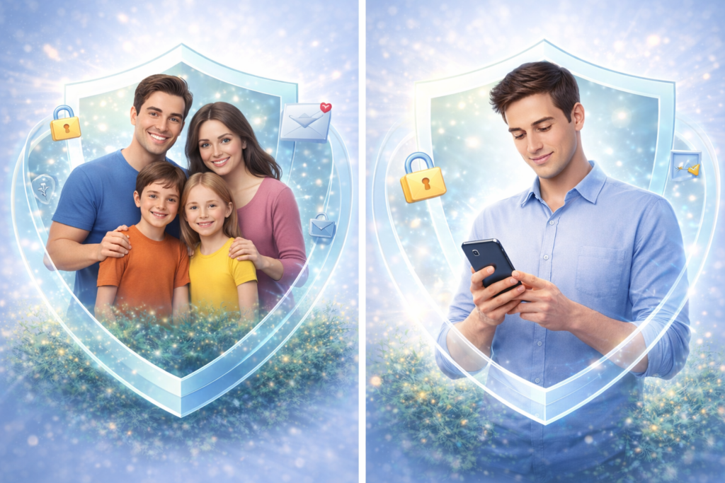 Best Identity Theft Protection Services for 2026: a person and family with protective digital shield overlay