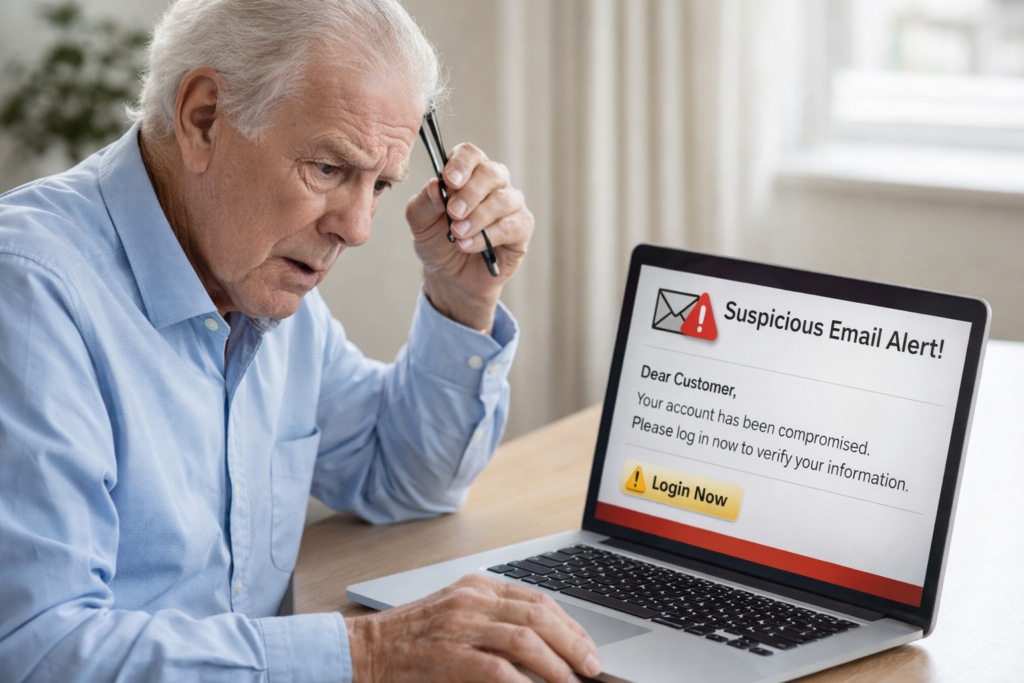 Best Identity Theft Protection for Seniors: Elderly man puzzled by suspicious email