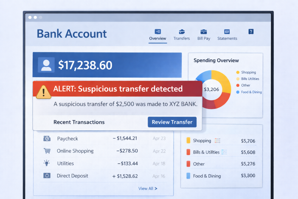 Best Identity Theft Protection for Seniors: Suspicious transfer alert on dashboard