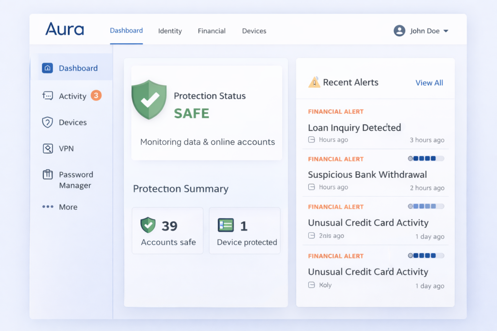 Best Identity Theft Protection for Seniors: Aura security dashboard overview