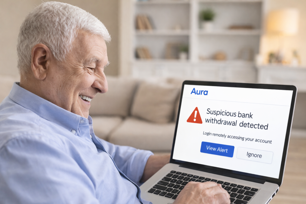 Best Identity Theft Protection for Seniors: Elderly man reviewing a security alert