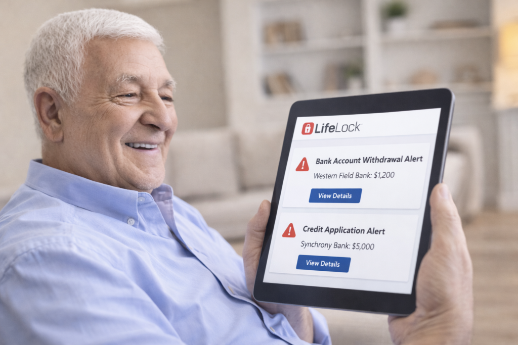 Best Identity Theft Protection for Seniors: Senior man reviewing LifeLock alerts