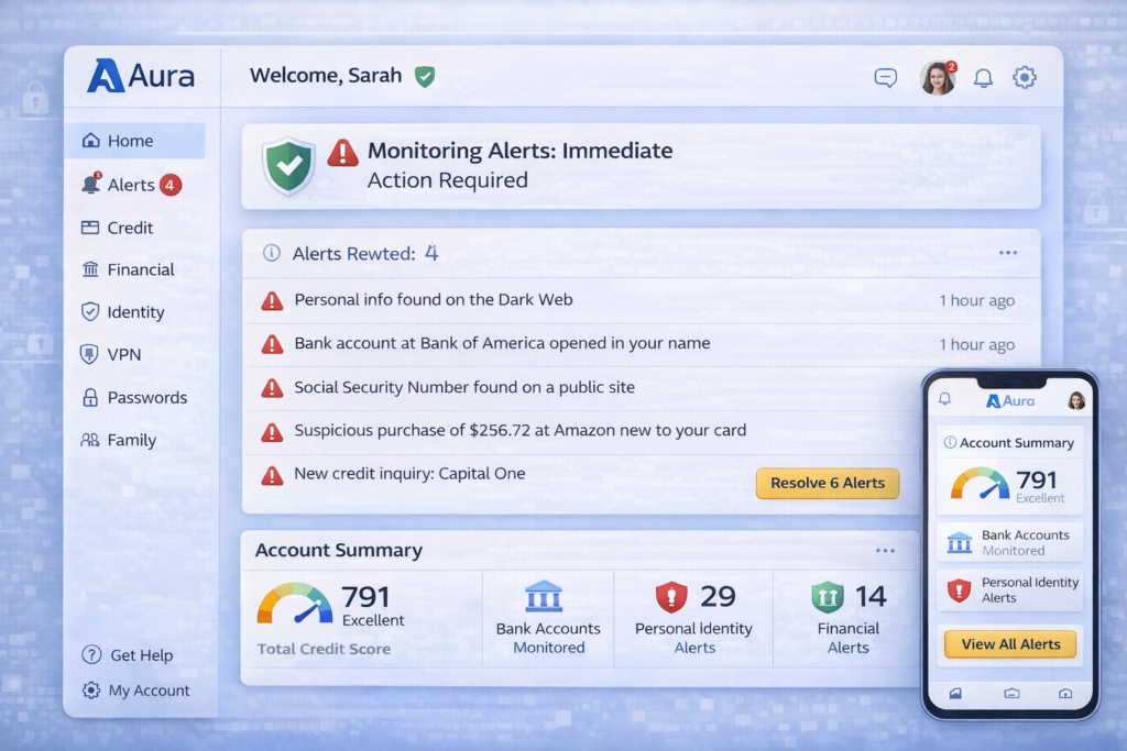 Best Identity Theft Protection Services for 2026: Aura dashboard overview with alerts and summary