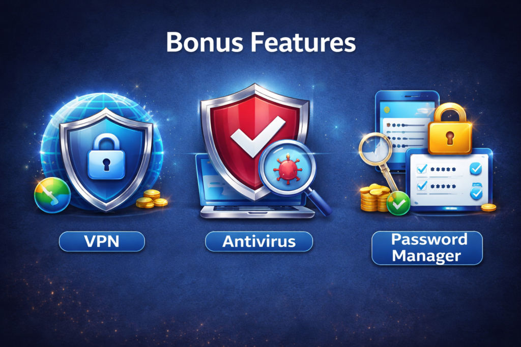 Best Identity Theft Protection for Seniors: Bonus features icons on glowing background