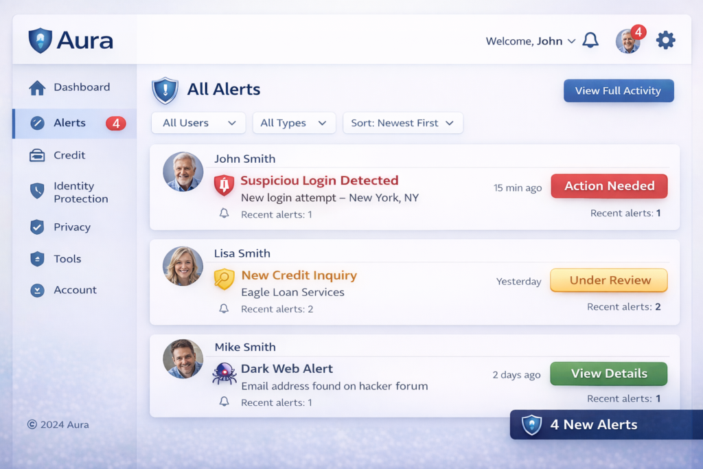 Best Identity Theft Protection for Seniors: Aura dashboard with multiple alerts
