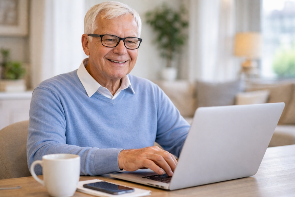 Best Identity Theft Protection for Seniors: calm, happy senior using a laptop
