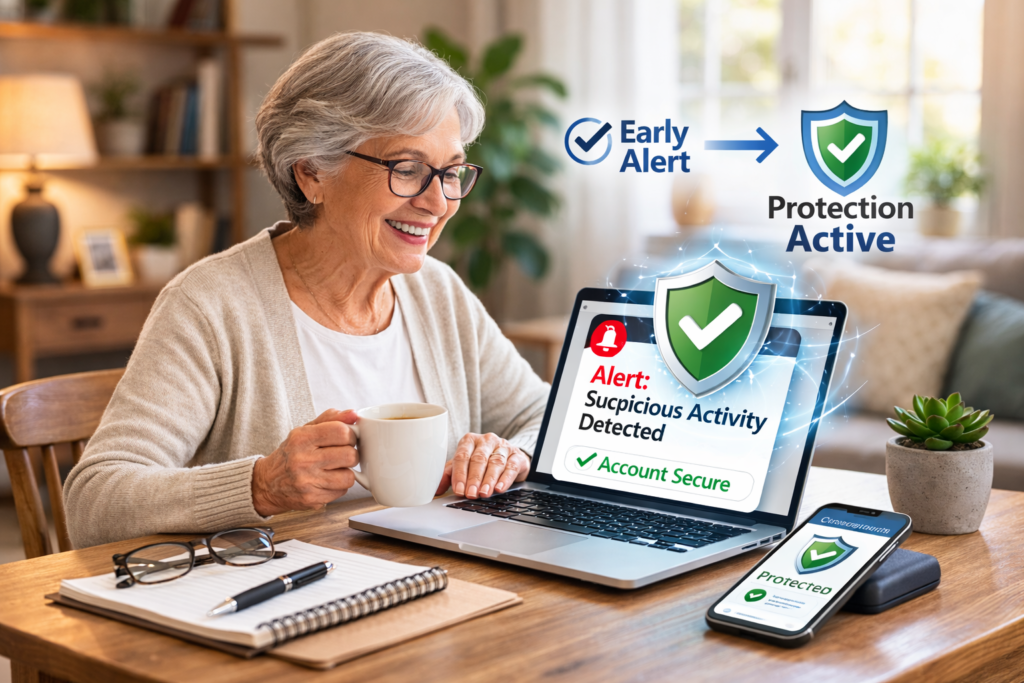 Best Identity Theft Protection for Seniors: satisfied senior checking alert with protective shield icon