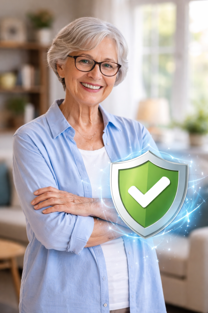 Best Identity Theft Protection for Seniors: Confident elderly woman with protective shield