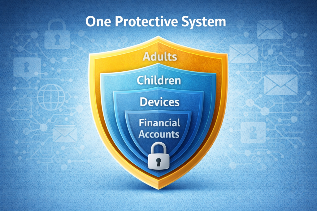 Best Identity Theft Protection for Families (2026 Guide): One protective system diagram