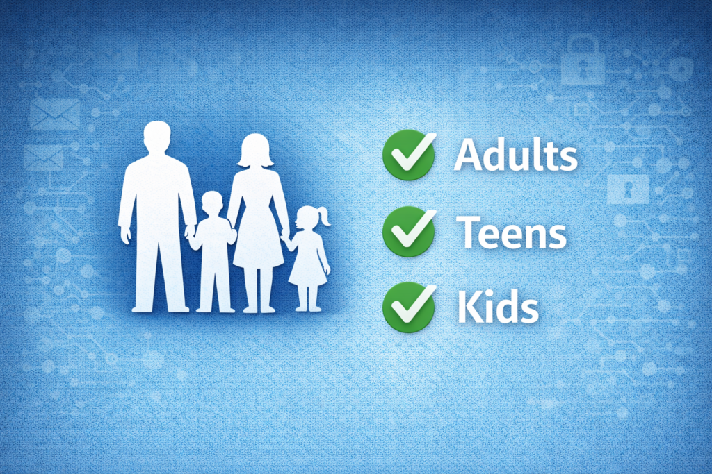 Best Identity Theft Protection for Families (2026 Guide): Family icon with categories and checkmarks