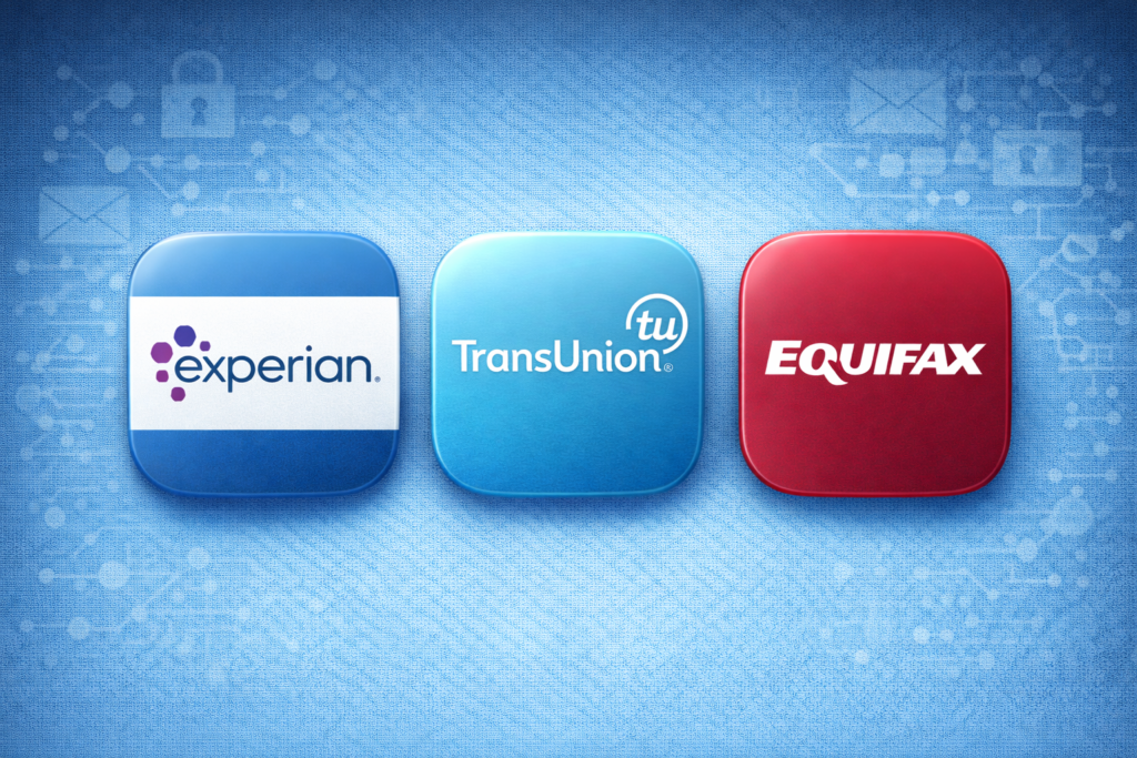 Best Identity Theft Protection for Families (2026 Guide): Credit bureau logos on a blue background