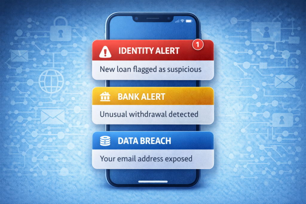 Best Identity Theft Protection for Families (2026 Guide): Security alerts on smartphone screen