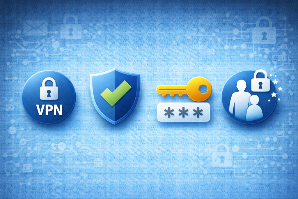 Best Identity Theft Protection for Families (2026 Guide): Cybersecurity icons on blue background