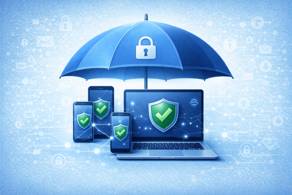 Best Identity Theft Protection for Families (2026 Guide): Digital security under a blue umbrella