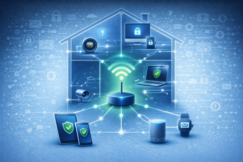 Best Identity Theft Protection for Families (2026 Guide): Smart home network with connected devices