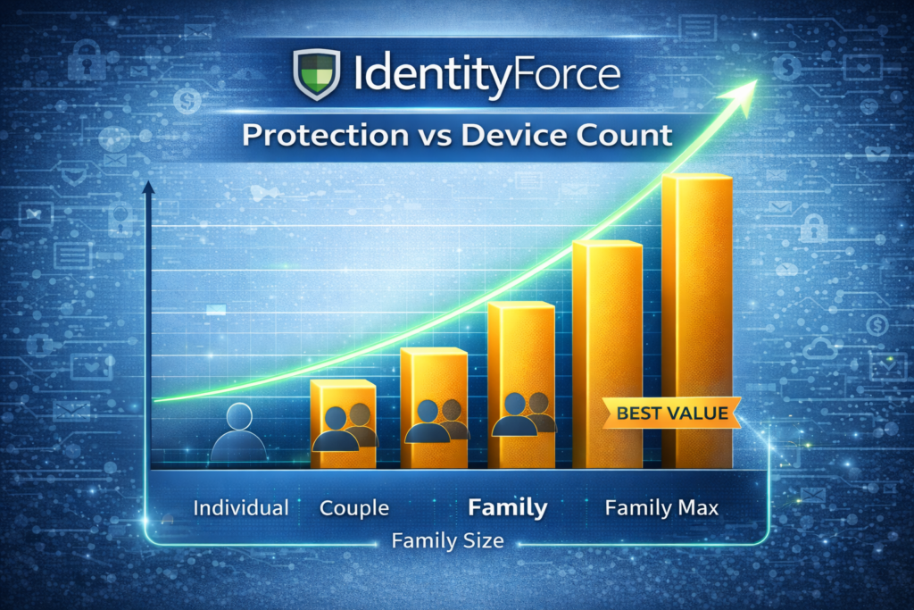 Best Identity Theft Protection for Families (2026 Guide): Protection vs device count infographic