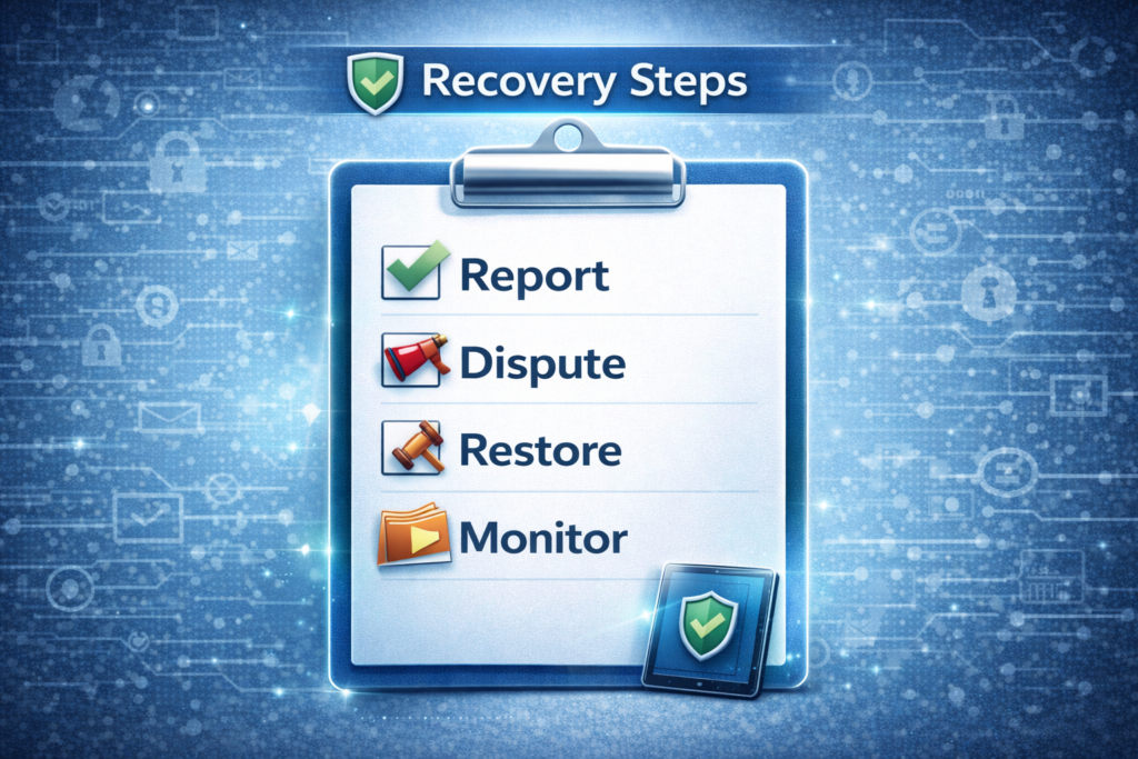Best Identity Theft Protection for Families (2026 Guide): Recovery steps checklist with icons