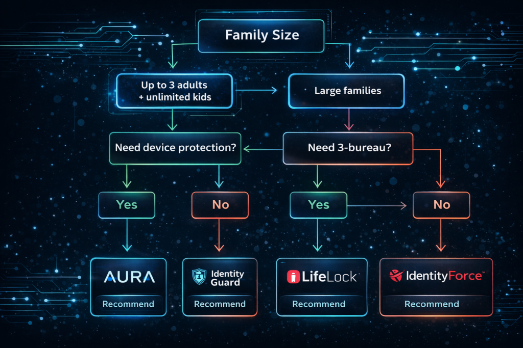 Best Identity Theft Protection for Families (2026 Guide): Family decision flowchart for identity protection
