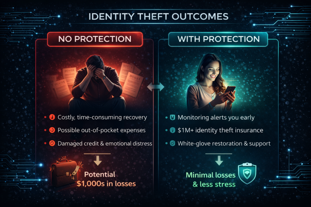 Best Identity Theft Protection for Families (2026 Guide): Identity theft outcomes: with vs without protection