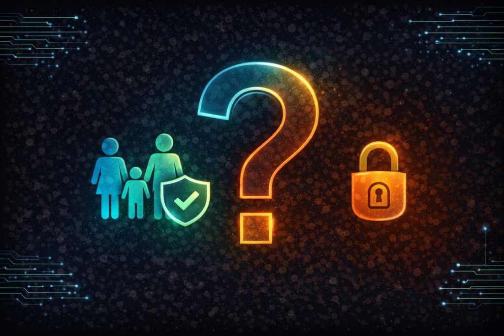Best Identity Theft Protection for Families (2026 Guide): large question mark surrounded by icons of a family, shield, and lock