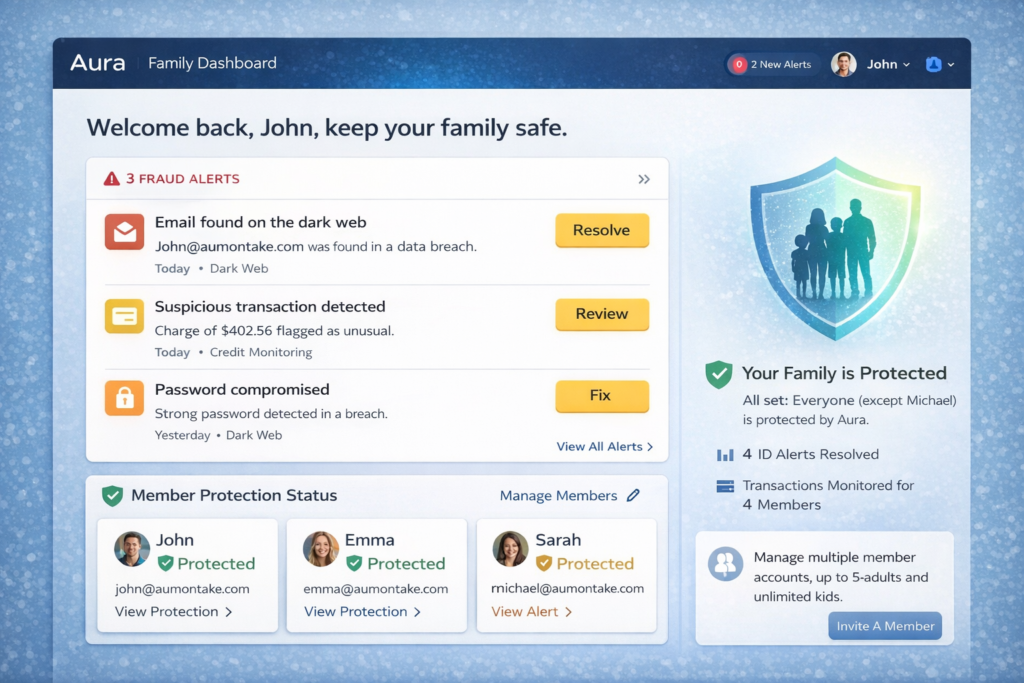 Best Identity Theft Protection for Families (2026 Guide): Aura family dashboard overview