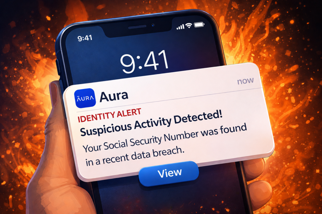 Is Aura Worth It?: Urgent security warning on fiery background
