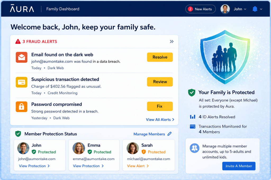 Best Identity Theft Protection for Families (2026 Guide): Aura family protection dashboard UI