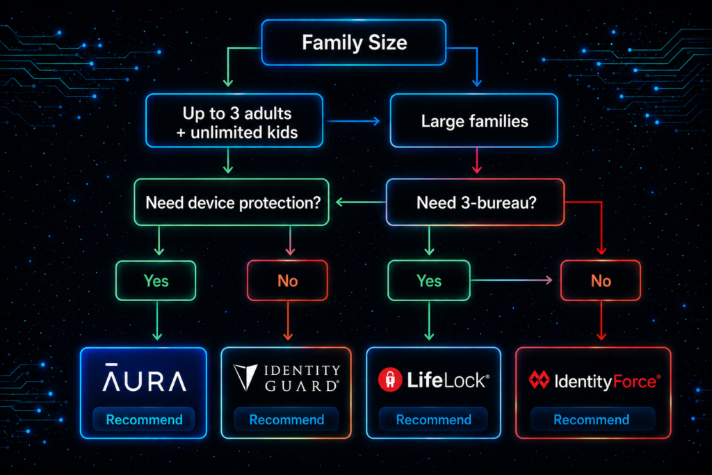 Best Identity Theft Protection for Families (2026 Guide): Family identity protection decision flowchart