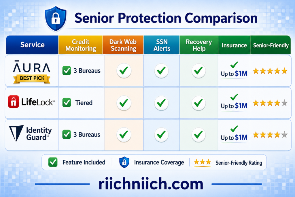 Best Identity Theft Protection Services for 2026: Senior protection service comparison chart