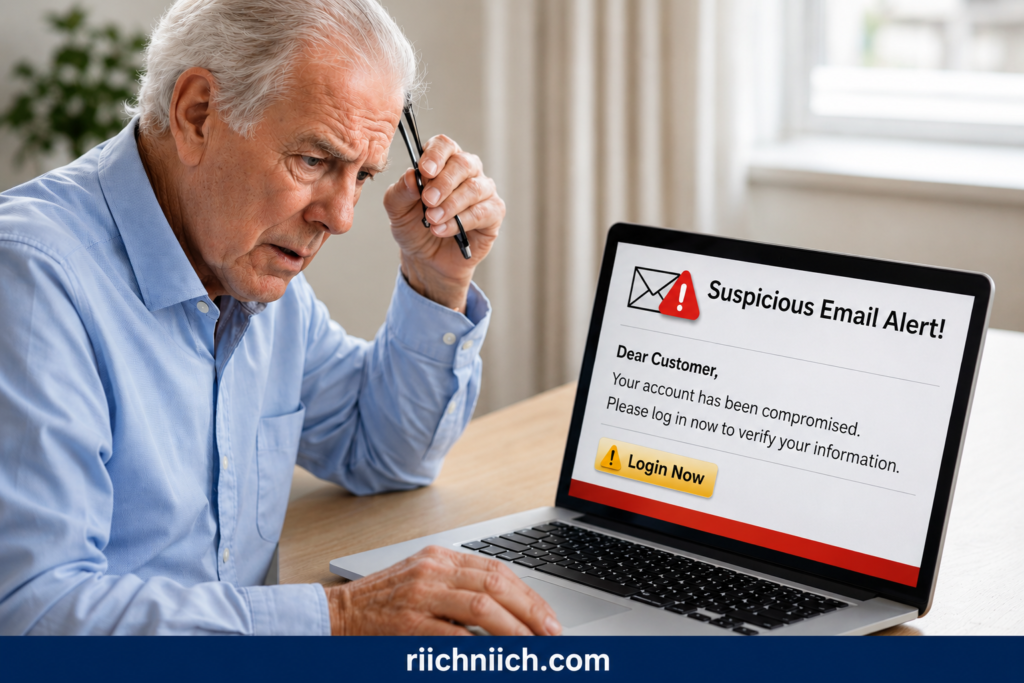 Best Identity Theft Protection for Seniors: Elderly man worried about suspicious email alert