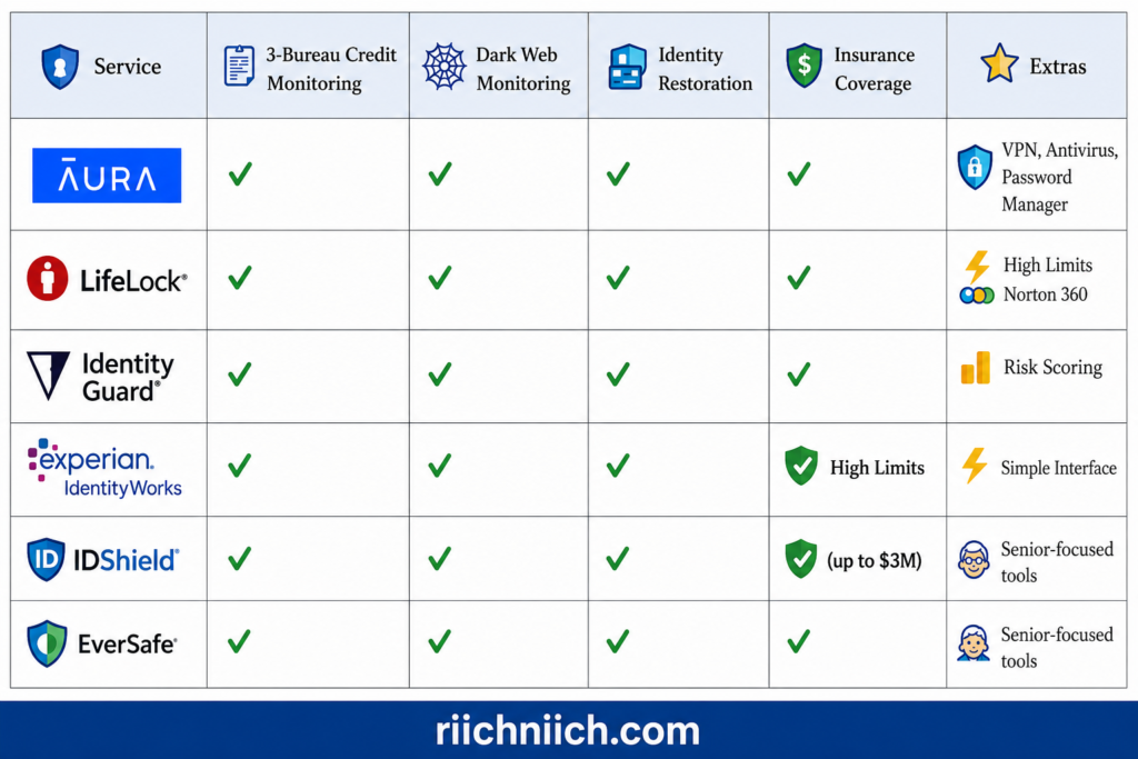 Best Identity Theft Protection for Seniors: Service comparison chart with checkmarks
