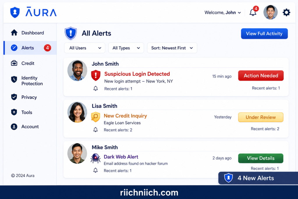 Best Identity Theft Protection for Seniors: Modern cybersecurity alert dashboard UI