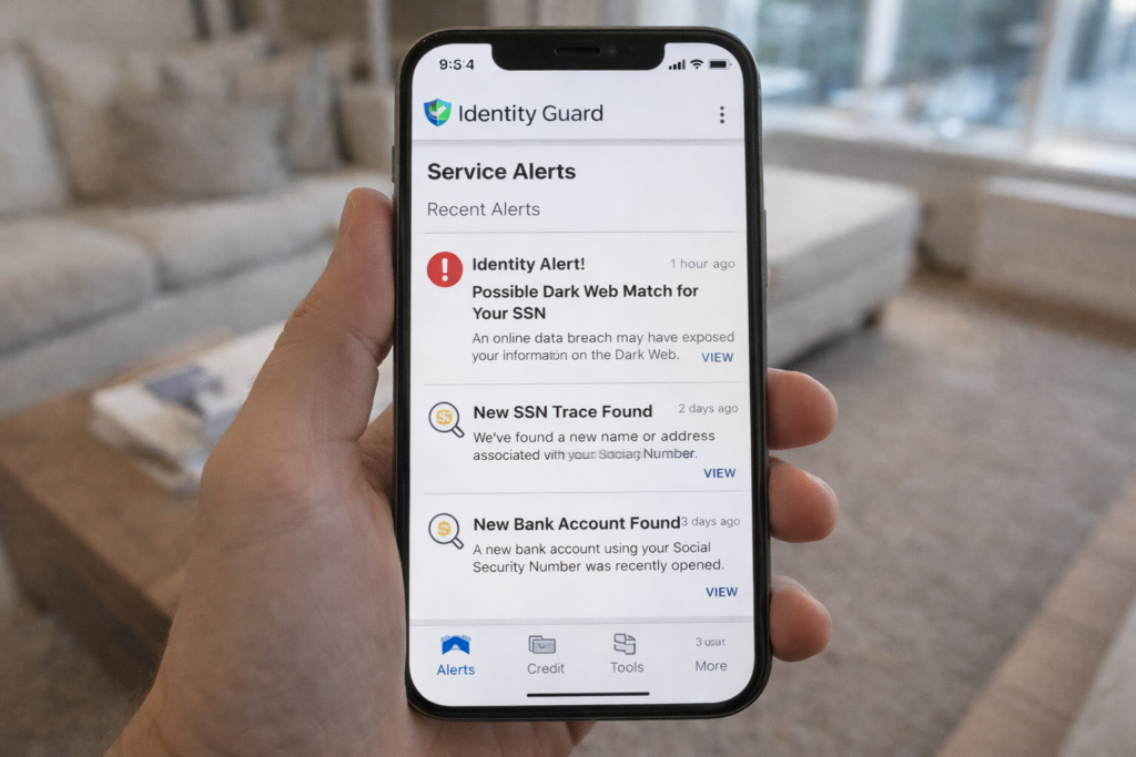 Best Identity Theft Protection Services for 2026: Identity Guard service alerts displayed on phone