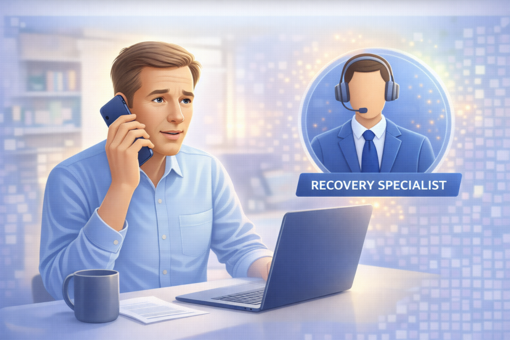 Best Identity Theft Protection Services for 2026: customer speaking with recovery specialist in a quiet space