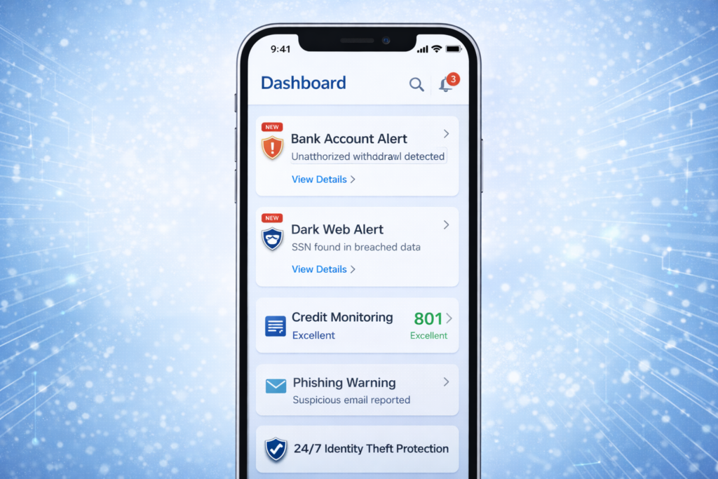 Best Identity Theft Protection Services for 2026: Smartphone security dashboard with alerts