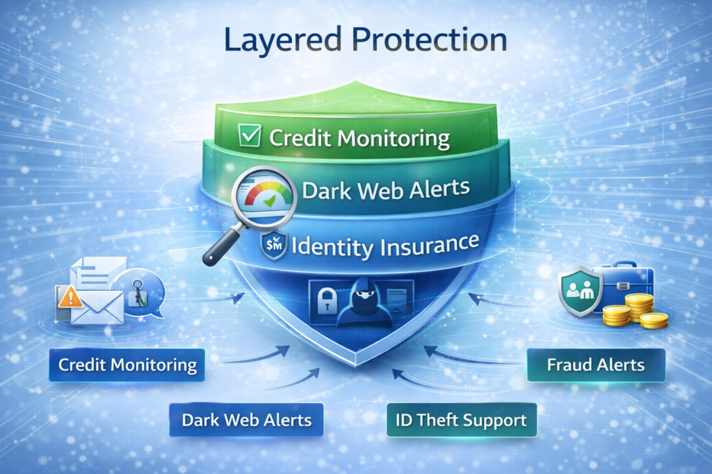 Best Identity Theft Protection Services for 2026: Layered digital security protection infographic
