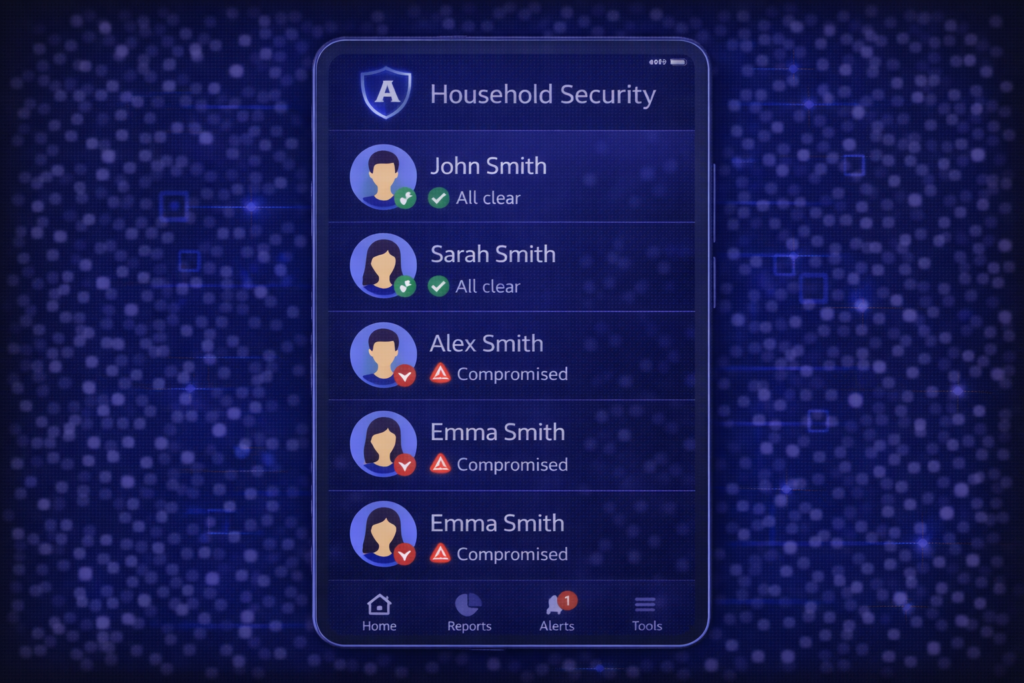 Aura vs Identity Guard: Household security dashboard with profiles