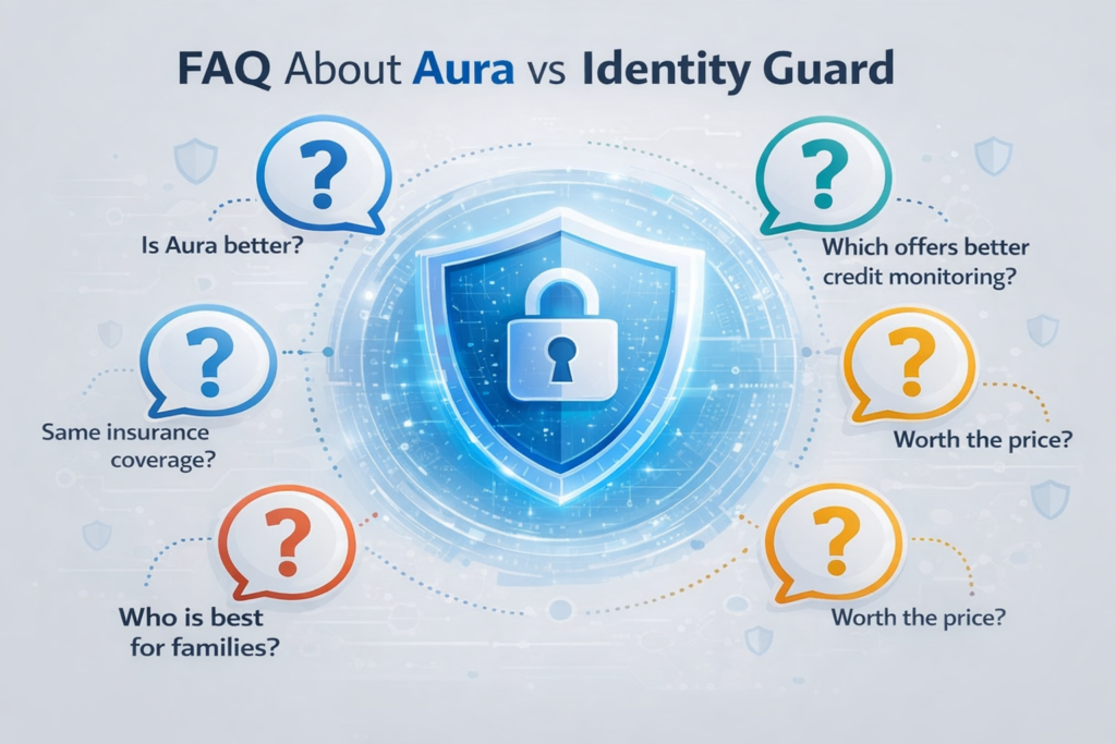 Aura vs Identity Guard: Cybersecurity FAQ comparison infographic