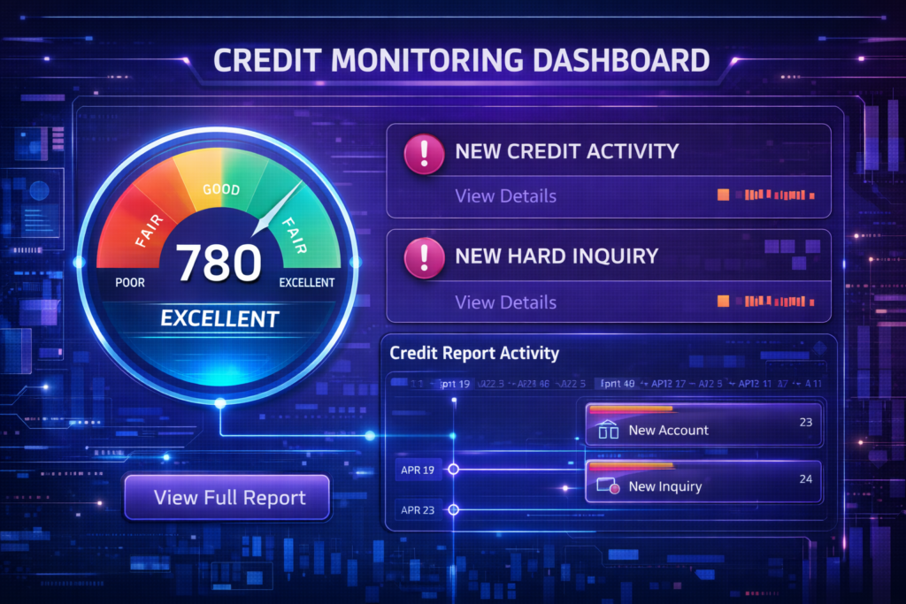 Aura vs Experian IdentityWorks: Futuristic credit monitoring dashboard