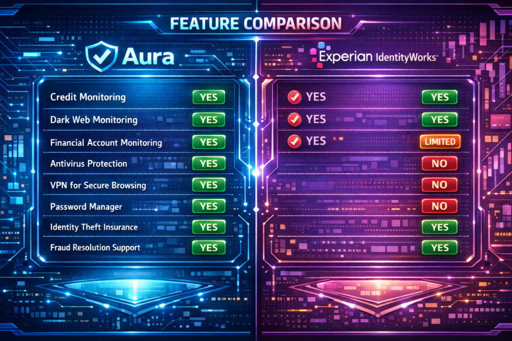 Aura vs Experian IdentityWorks: Digital security feature comparison chart