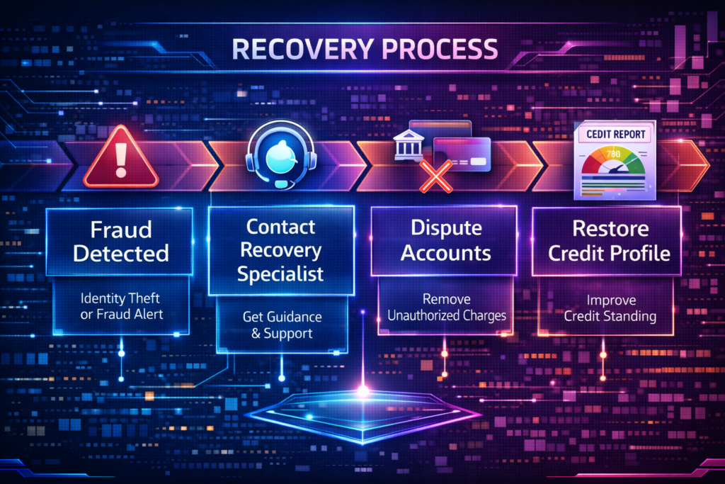 Aura vs Experian IdentityWorks: Fraud recovery process infographic