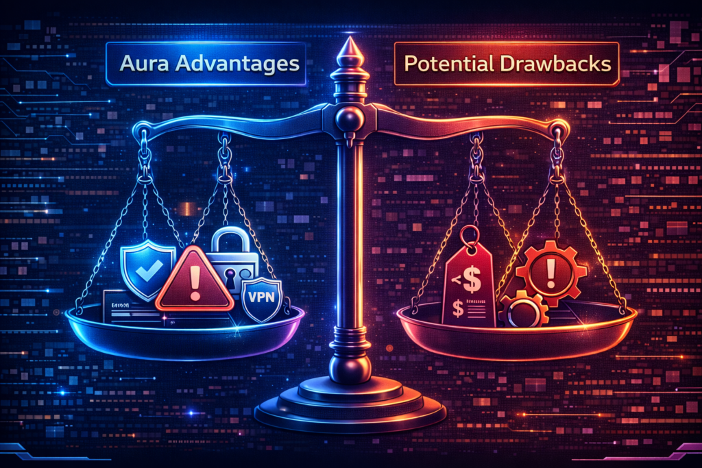 Aura vs Experian IdentityWorks: Aura Cybersecurity pros and cons infographic
