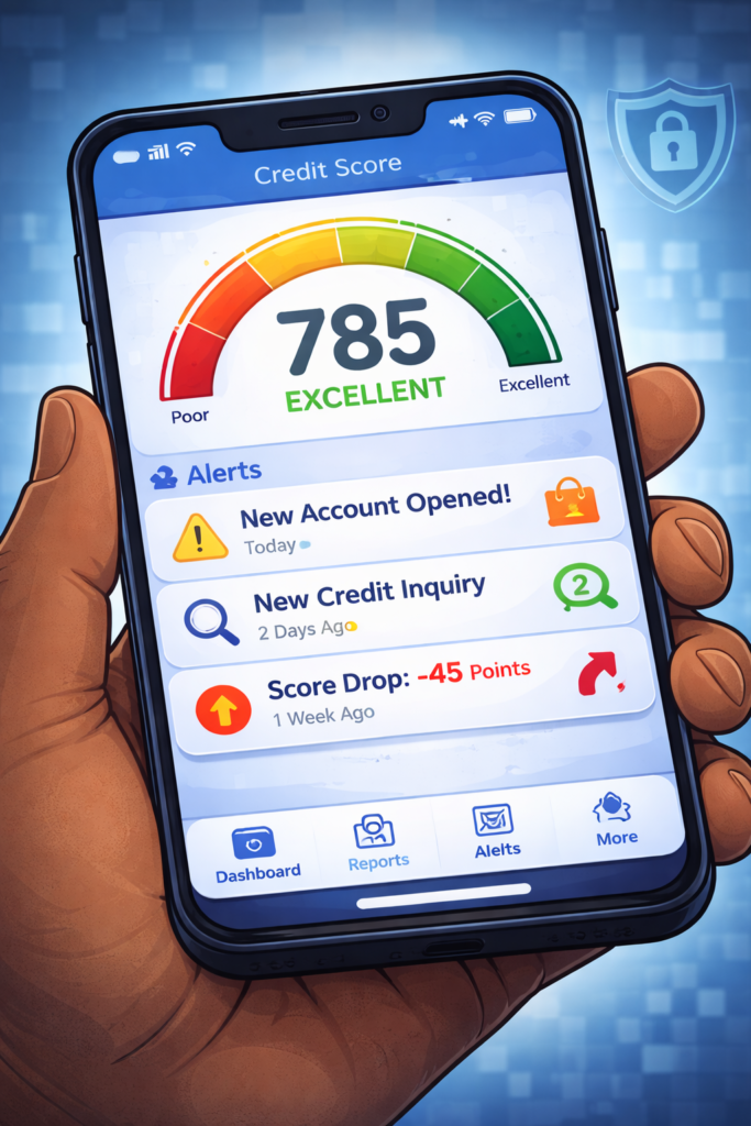 Is Aura Better Than Free Credit Monitoring?: Smartphone screen with credit score dashboard