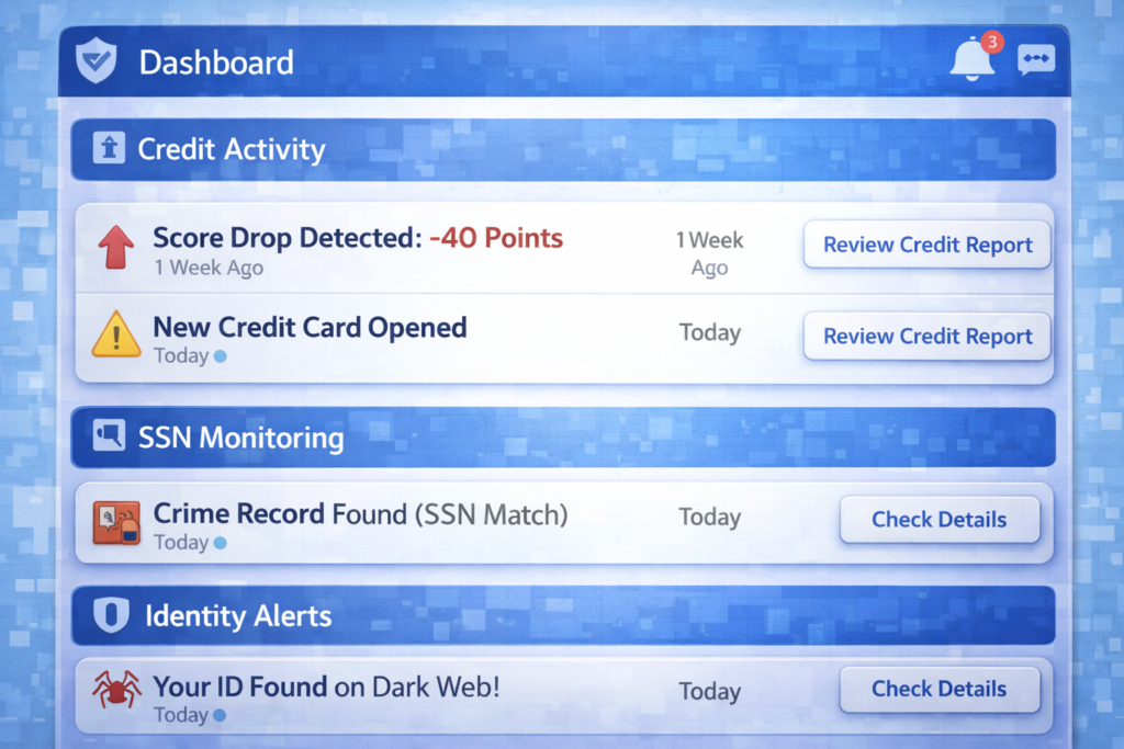Is Aura Better Than Free Credit Monitoring?: Digital security dashboard alerts displayed