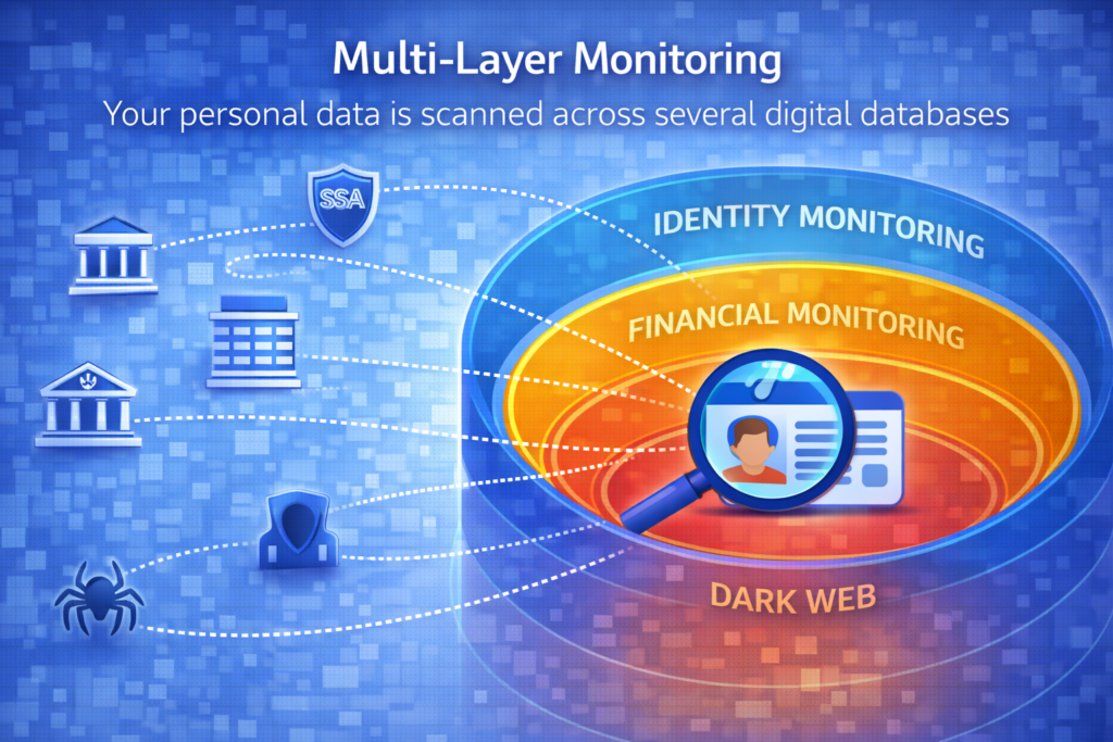 Is Aura Better Than Free Credit Monitoring? :Multi-layer data monitoring infographic