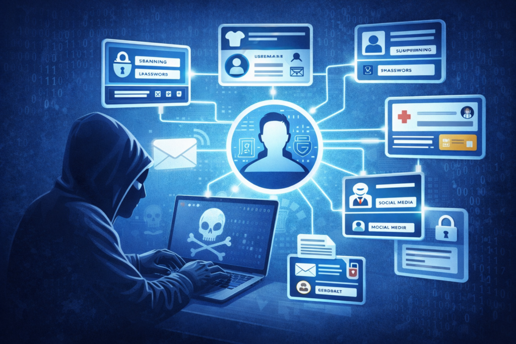 how identity theft happens: Hacker accessing personal data connections