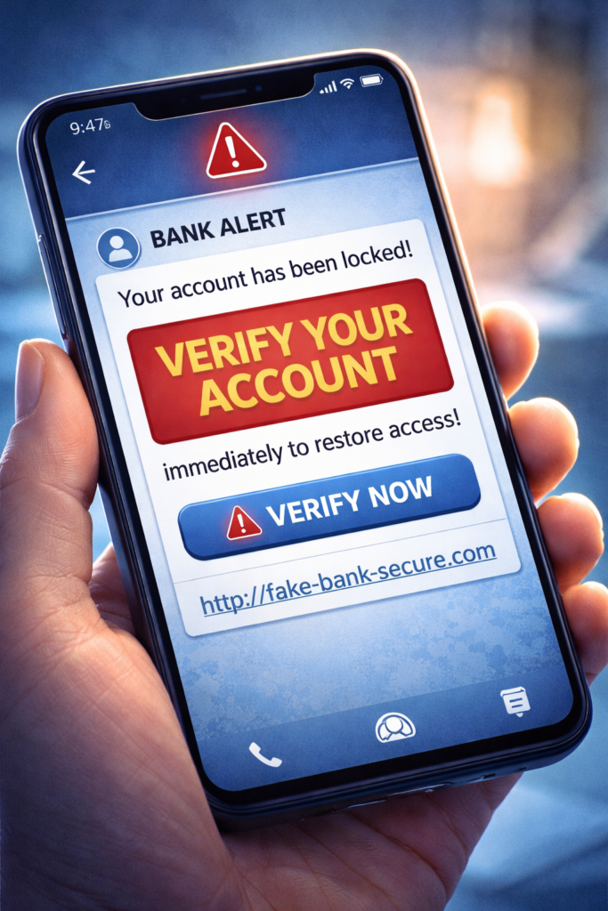 how identity theft happens: Phishing scam message on smartphone