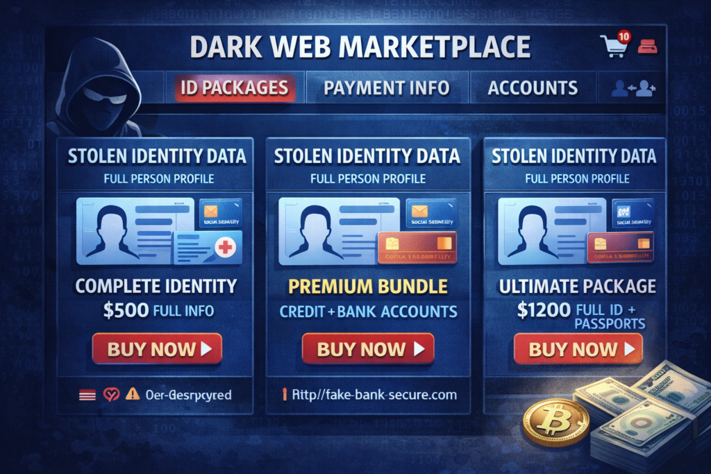 how identity theft happens: Dark web marketplace interface with identity data