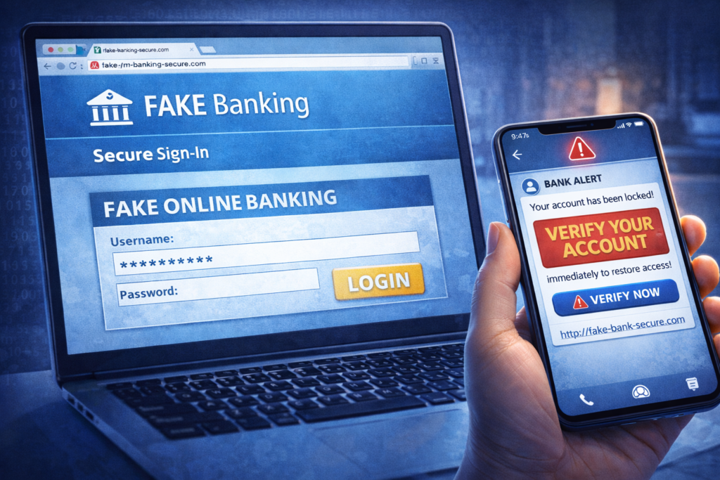 how identity theft happens: Phishing attempt on devices close-up